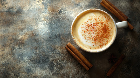 A cup of frothy cappuccino with cinnamon sticks, placed on a rustic surface, surrounded by space for textの素材
