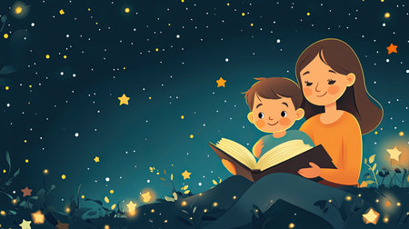 Cartoon mom and child sharing a bedtime story, with space for text on a starry night backdrop.の素材