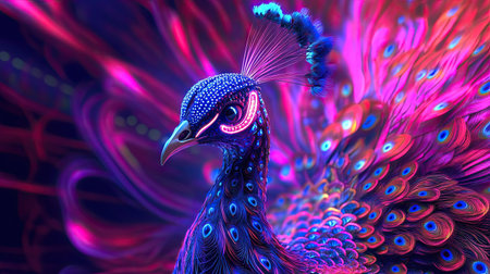 3D model of a peacock with psychedelic patterns and neon colors, surrounded by space for text.の素材