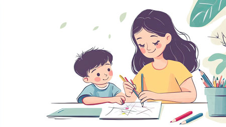 Mother and child cartoon characters drawing and coloring together, with space for text.の素材