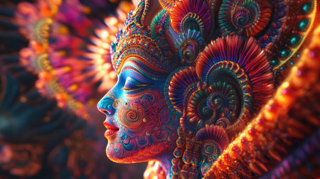 Psychedelic 3D fractal of Indian deities with vivid colors and mesmerizing patterns, leaving space for copyの素材