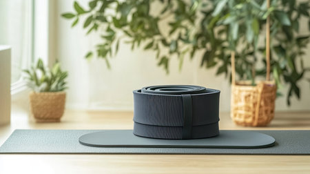 Twist plate and waist reducer on a yoga mat, with plenty of space for text on a minimal backdropの素材