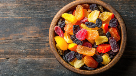 Top view of dried fruit salad in a wooden bowl, with room for copy space above.の素材