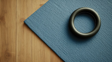 Pilates ring and waist reducer placed on a yoga mat, leaving space for text on a clean backgroundの素材
