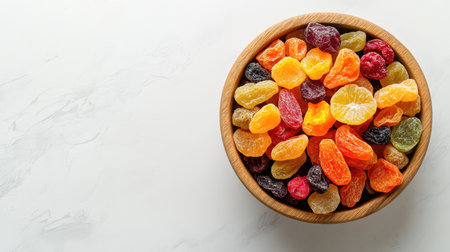 Top view of an assortment of dried fruits in a wooden bowl, surrounded by space for text on a white background.の素材