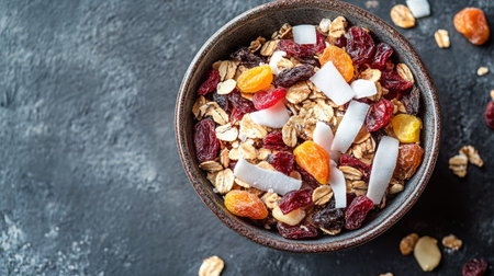 Top view of dried fruits and coconut flakes in a small dish, with room for copy above.の素材