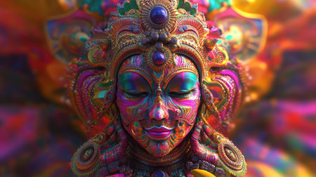 Psychedelic 3D rendering of an abstract Indian deity surrounded by vibrant colors, with ample space for copyの素材