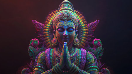 Psychedelic 3D Indian deity with intricate fractal designs and room for copy on a dark backgroundの素材