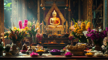 A sacred image of Phra Mae Rasami in a traditional temple, with colorful offerings and space for textの素材