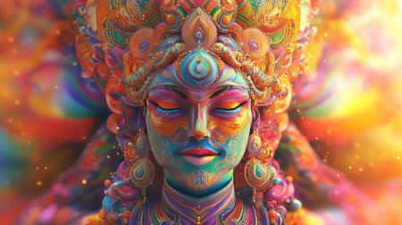 Psychedelic 3D rendering of an abstract Indian deity surrounded by vibrant colors, with ample space for copyの素材