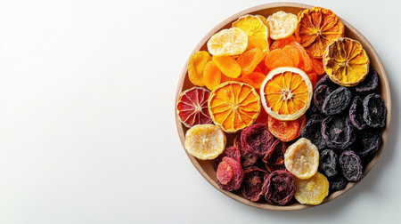 Top view of a dried fruit platter on a white background, with space for copy around.の素材