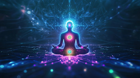 Psychedelic 3D rendering of Indian chakras with glowing energy lines and copy space on a dark backgroundの素材