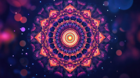 Glowing psychedelic 3D mandala with rich Indian cultural elements, surrounded by copy space on a dark background.の素材