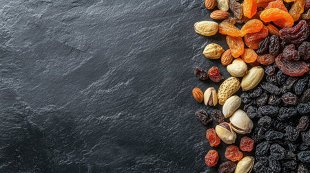 Top view of mixed dried fruits and nuts on a slate board with plenty of copy space around.の素材