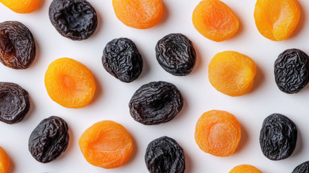 Dried apricots and prunes arranged in a pattern, with ample space for text on a blank backdrop.の素材