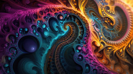 Indian-inspired psychedelic 3D fractal art in vibrant colors, with plenty of space for copy on a neutral background.の素材