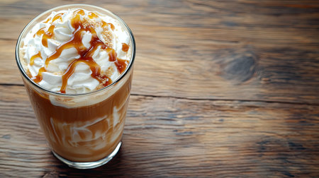 Iced coffee with whipped cream and caramel drizzle, laid on a wooden table with space for textの素材