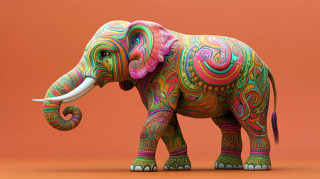 Vibrant 3D model of a psychedelic Indian elephant with swirling patterns and room for textの素材