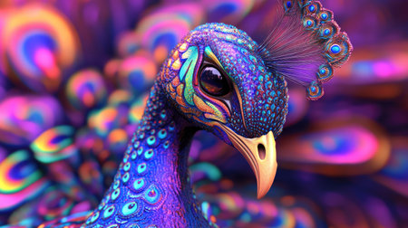 3D model of a peacock in vibrant, trippy colors with intricate Indian detailing and plenty of space for text.の素材