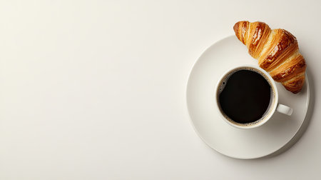 Freshly brewed coffee with a croissant, placed on a simple background with space for copyの素材