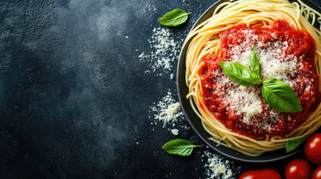 Spaghetti with marinara sauce, basil leaves, and parmesan cheese, with ample space for textの素材