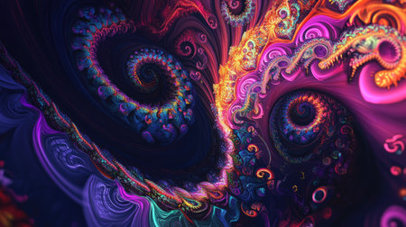 Vibrant 3D Indian psychedelic fractal art with swirling colors and room for copy space on a dark backdropの素材