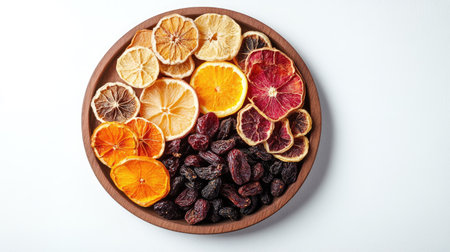 Top view of a dried fruit platter on a white background, with space for copy around.の素材