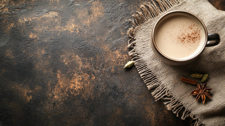 A cup of chai tea with cinnamon and cardamom, placed on a rustic surface with space for textの素材