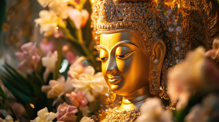 Close-up of Phra Mae Rasami's golden figure with soft lighting, surrounded by flowers, leaving room for copyの素材