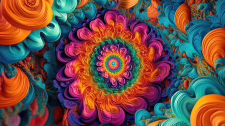 Vibrant 3D mandala with swirling Indian psychedelic colors, leaving ample room for copy spaceの素材