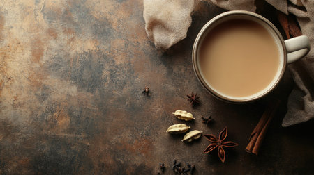 A cup of chai tea with cinnamon and cardamom, placed on a rustic surface with space for textの素材