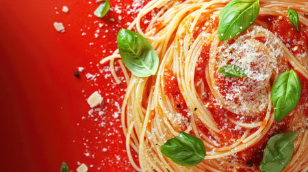 Spaghetti with marinara sauce, basil leaves, and parmesan cheese, with ample space for textの素材