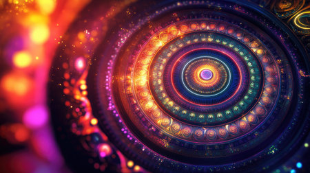 Glowing 3D chakra wheel with vibrant psychedelic Indian patterns and room for text.の素材