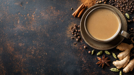 A cup of masala chai with cardamom and ginger, surrounded by spices and ample space for textの素材