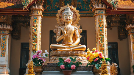 Phra Mae Rasami statue in a peaceful temple setting, with vibrant decorations and ample copy space on a neutral backgroundの素材