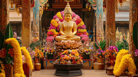 Phra Mae Rasami statue in a peaceful temple setting, with vibrant decorations and ample copy space on a neutral backgroundの素材