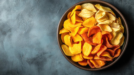 Top view of dried mango and banana chips in a bowl, with room for text on a clean surface.の素材