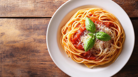 Spaghetti with rich tomato sauce, parmesan, and fresh basil, placed on a plate with space for textの素材