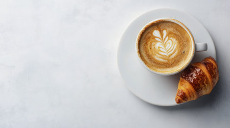 Freshly brewed coffee with a croissant, placed on a simple background with space for copyの素材