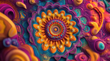 Vibrant 3D mandala with swirling Indian psychedelic colors, leaving ample room for copy spaceの素材