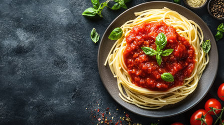 A plate of spaghetti with rich tomato sauce, surrounded by spices and herbs, with copy spaceの素材