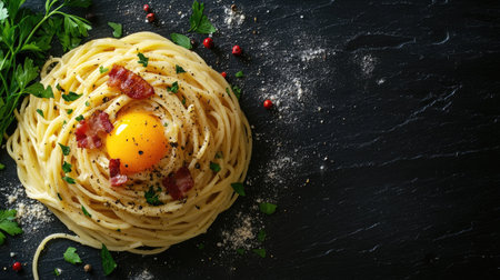 Spaghetti carbonara with bacon and egg yolk, garnished with pepper and parsley, with ample space for copyの素材