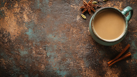 A cup of chai tea with cinnamon and cardamom, placed on a rustic surface with space for textの素材