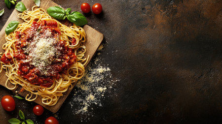 Spaghetti noodles with tomato sauce and parmesan cheese, with spices like basil and oregano, leaving space for textの素材
