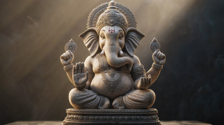 A 3D model of Lord Ganesha, seated in a meditative pose, surrounded by soft light, with ample space for copyの素材