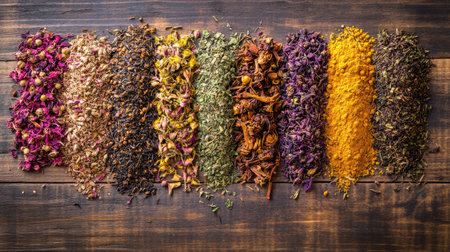Herbal tea with dried flowers and spices, arranged on a wooden table, leaving ample room for copyの素材