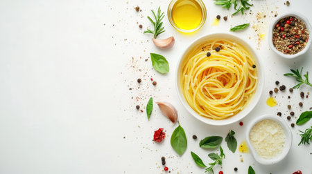 Spaghetti served with garlic and olive oil, surrounded by spices and herbs, leaving space for textの素材