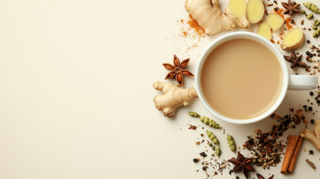 A cup of masala chai with cardamom and ginger, surrounded by spices and ample space for textの素材