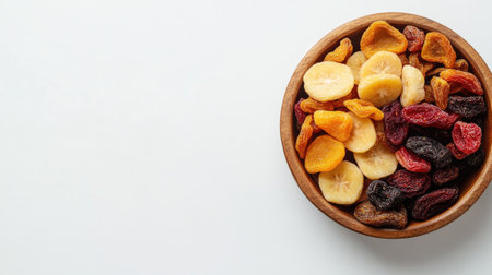 Top view of an assortment of dried fruits in a wooden bowl, surrounded by space for text on a white background.の素材