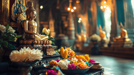 A sacred image of Phra Mae Rasami in a traditional temple, with colorful offerings and space for textの素材